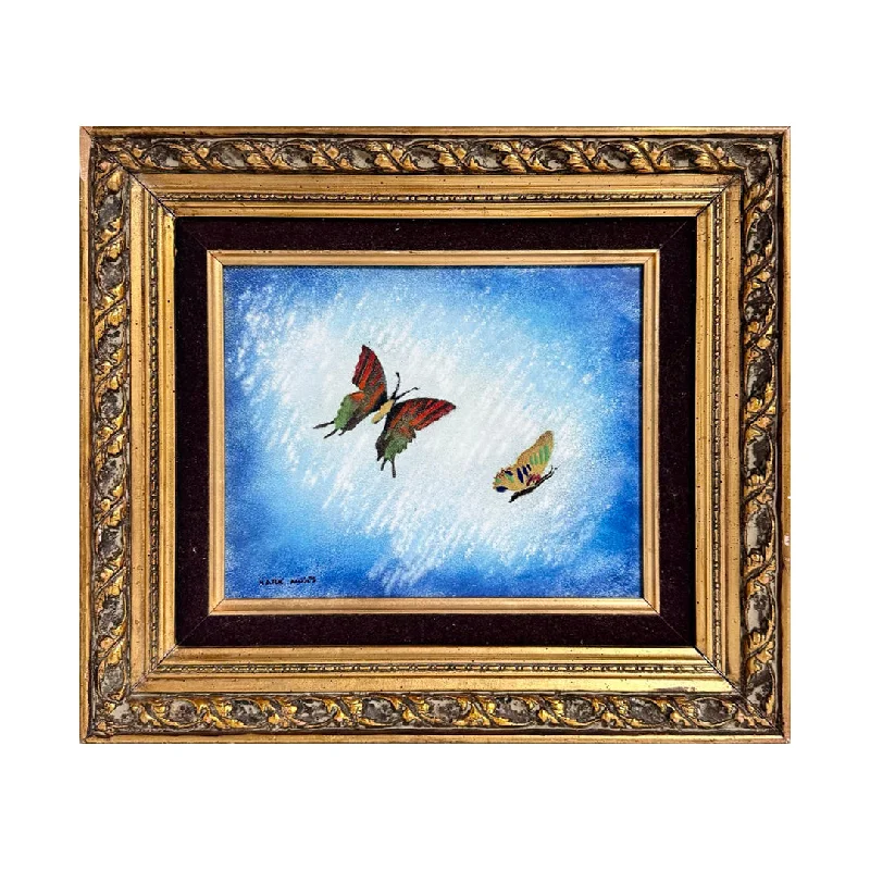 "Two Butterflies" Enamel on Copper, Signed