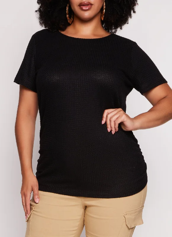 Plus Size Waffle Knit Crew Neck Ruched Tee