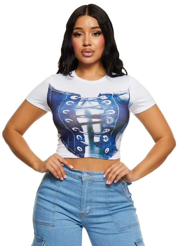 Lace Up Corset Graphic Cropped Tee