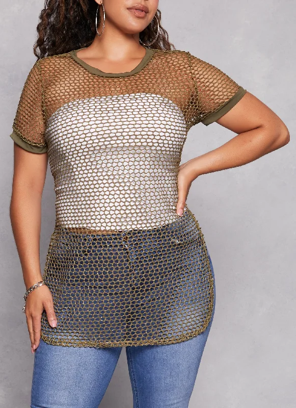 Plus Size Lurex Fishnet Side Slit Tunic Top