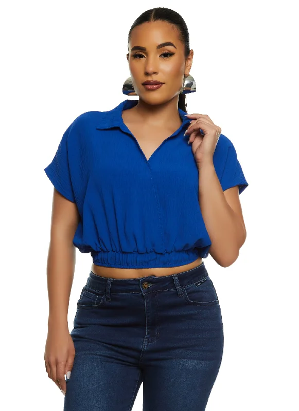 Gauze Knit Elastic Waist Short Sleeve Cropped Shirt