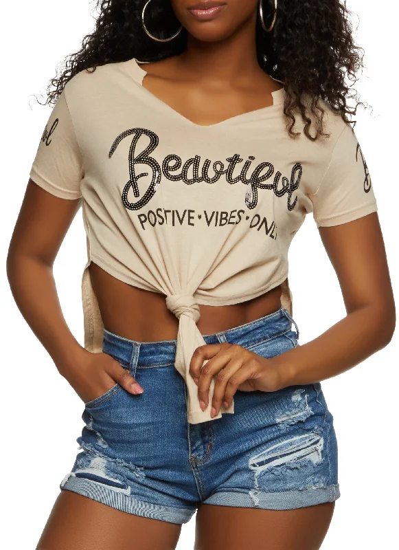 Sequin Beautiful Positive Vibes Only Knot Tee