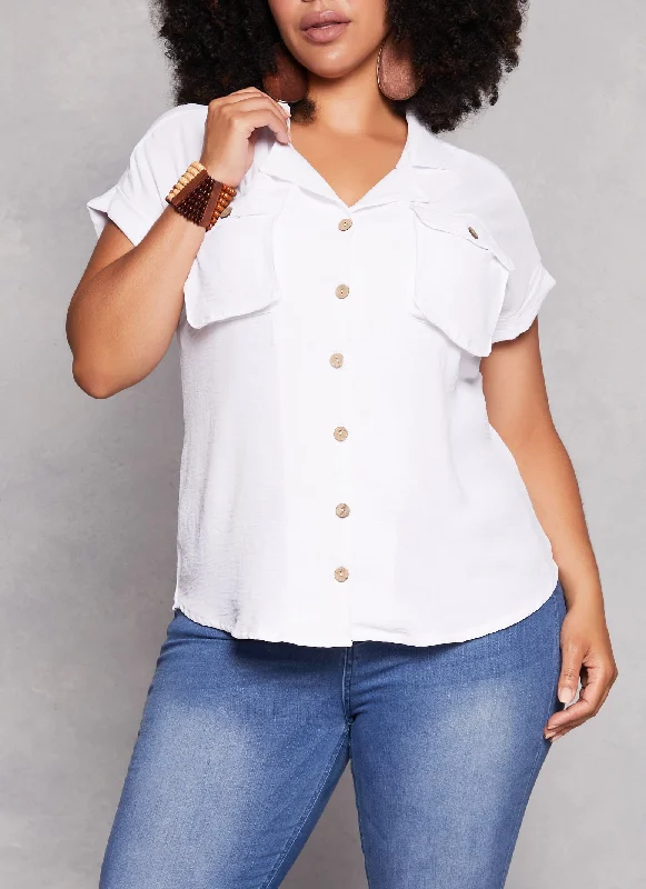 Plus Size Airy Flap Pocket Shirt