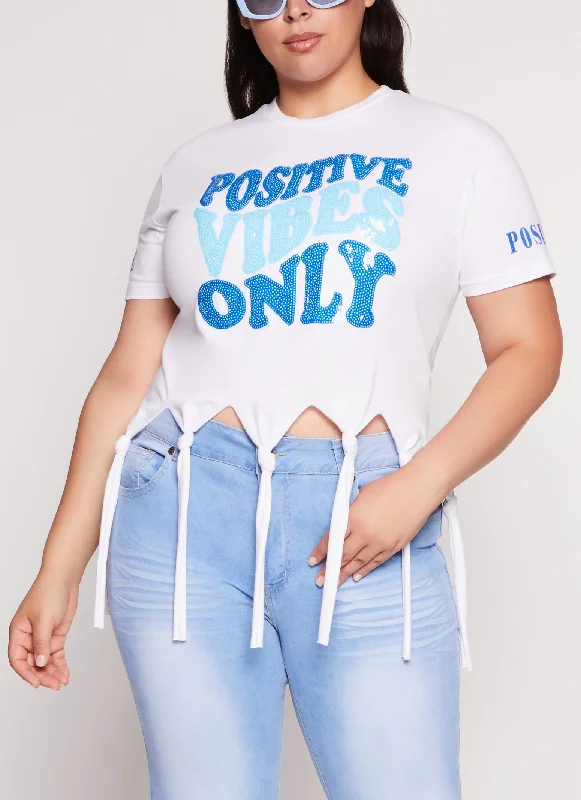 Plus Size Positive Vibes Only Knot Hem Sequin Graphic Tee