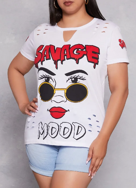 Plus Size Savage Mood Laser Cut Graphic Tee