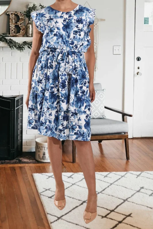 Blue Floral Ruffle Tie Mini Dress