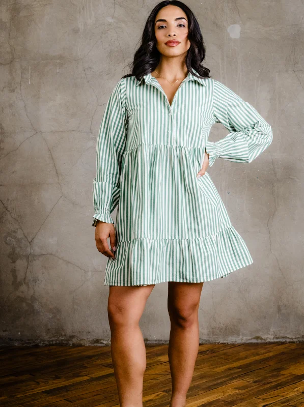 Aleesha Tiered Mini Shirtdress - Green Cabana Stripe