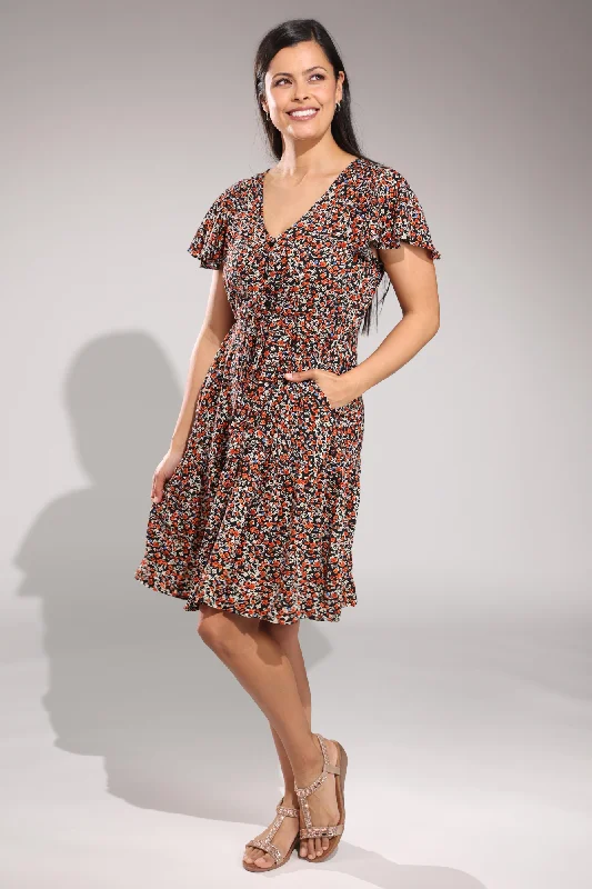 V neck  & cap frill sleeve Dress | Spice Black Mini Floral | 3343A1