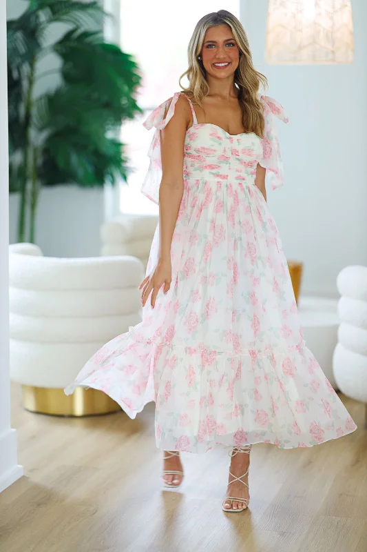 Girly and Chic Maxi Dress - Ivory and Pink