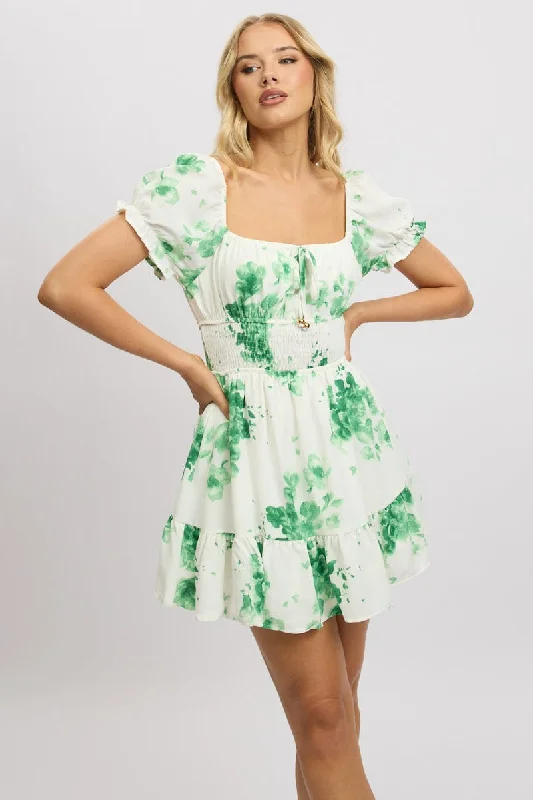 Green Floral Fit And Flare Dress Mini