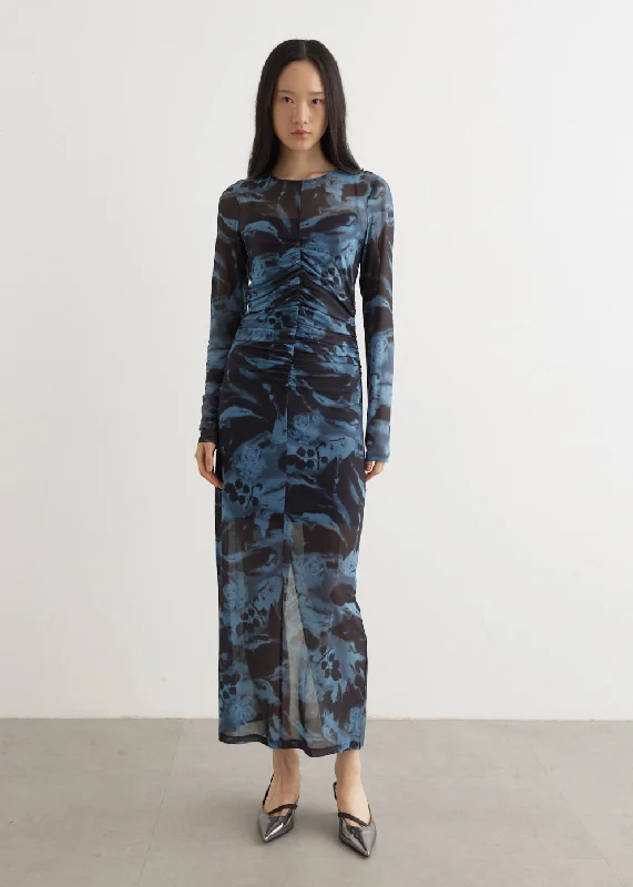 Printed Mesh O-Neck Ruched Long Dress