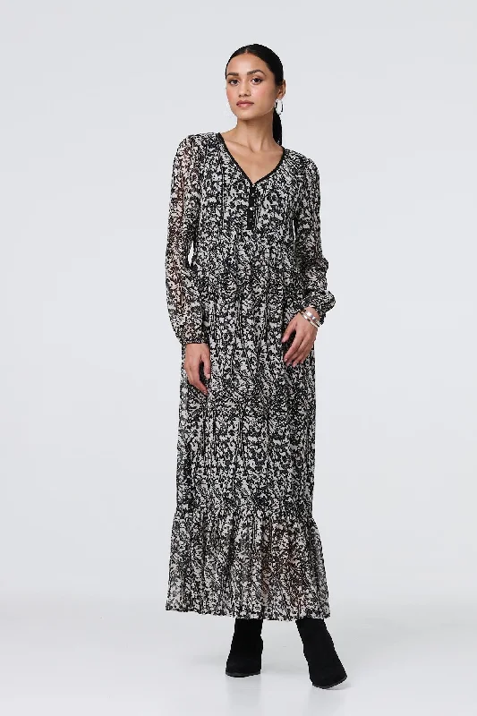 Leaf Print Long Sleeve Relaxed Maxi Dress