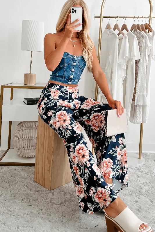 Dropping The Games Floral Wide Leg Pants (Navy)