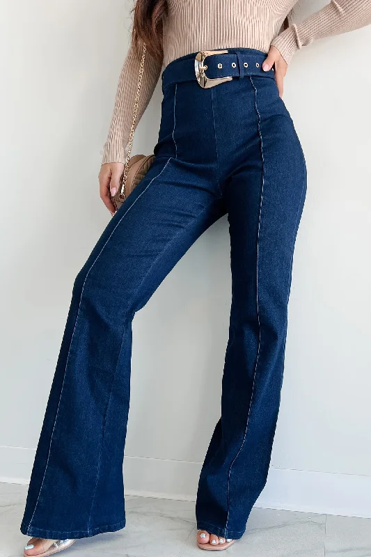 Fredericka Belted Denim High Waist Pants (Dark Wash)