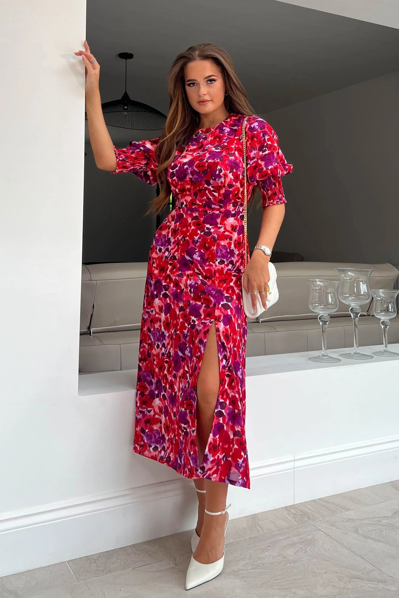 Girl in Mind Shayla Red Floral Shirred Cuff Midi Dress