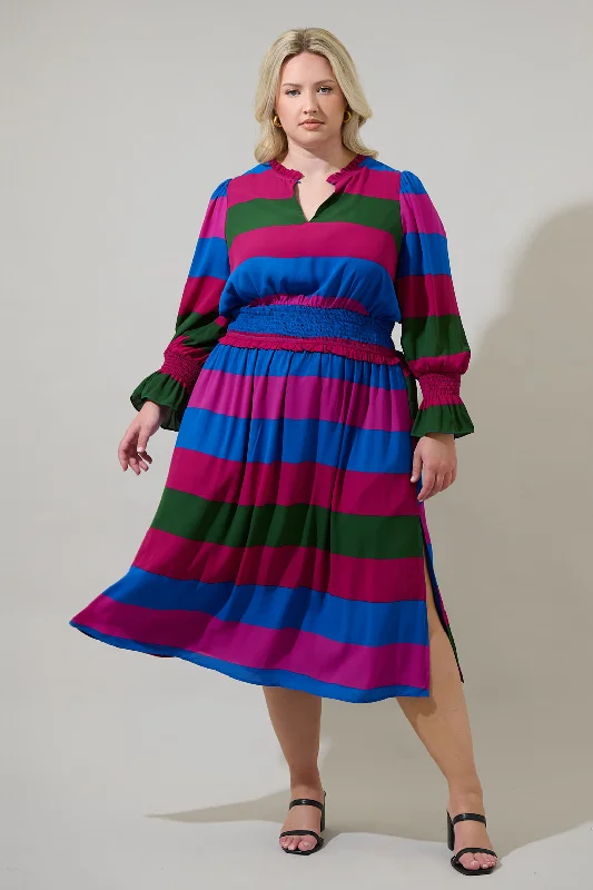 Saige Striped Ria Smocked Midi Dress Curve