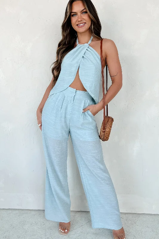 Sunsets and Selfies Crop Top & Pants Set (Light Blue)