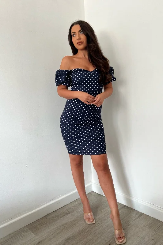 Vesper Anastasia Navy Polka Dot Bardot Midi Dress