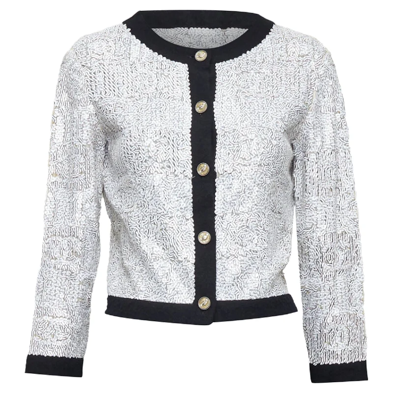 Chanel printed sequins beige cashmere trim cardigan