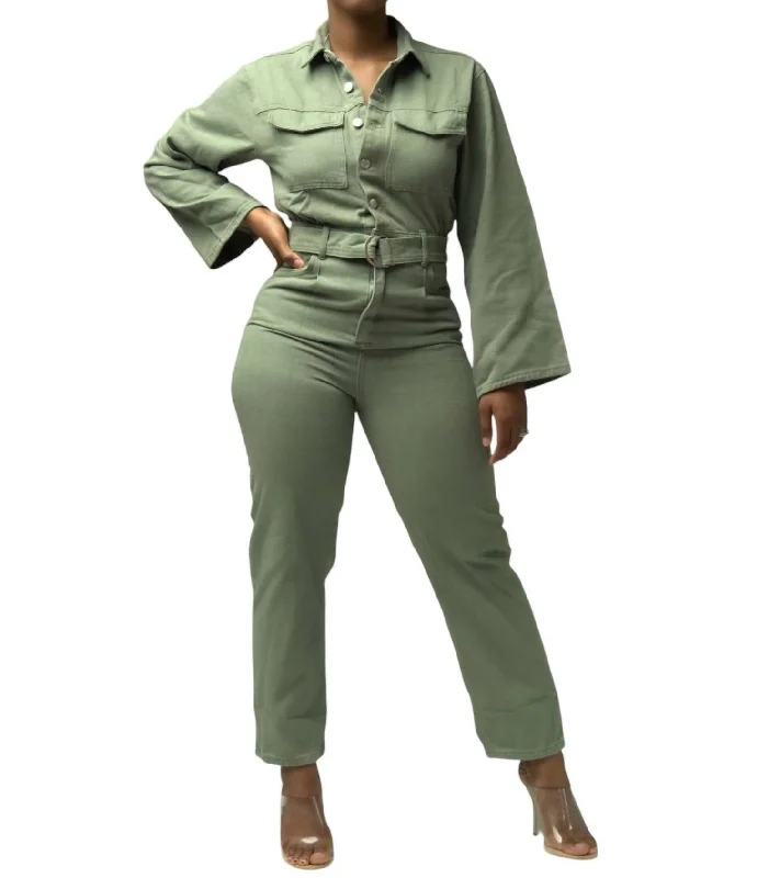 Belted Long Sleeve Jumpsuit In Olive