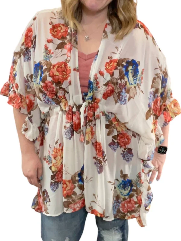 Floral With Drawstring Waist Cardigan In Multi Color