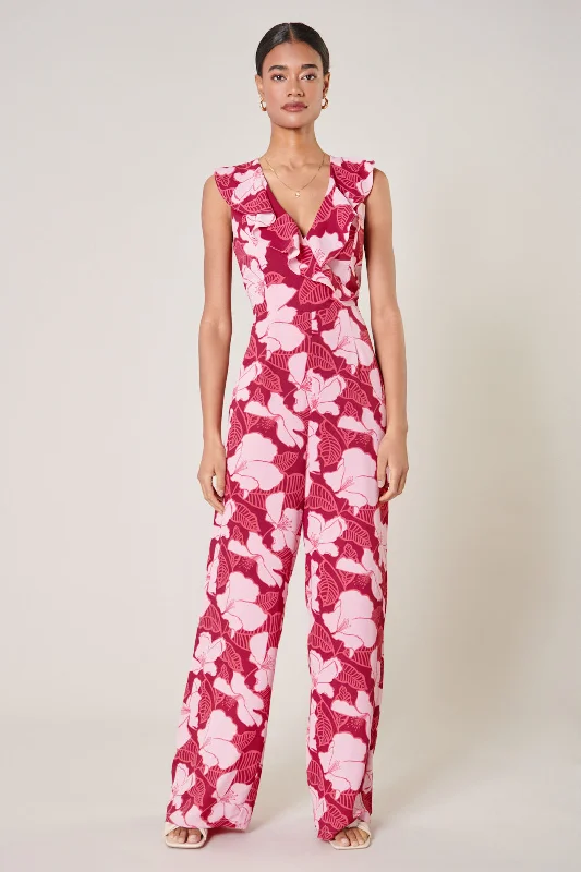 Ginger Berry Floral Sleeveless Surplice Jumpsuit