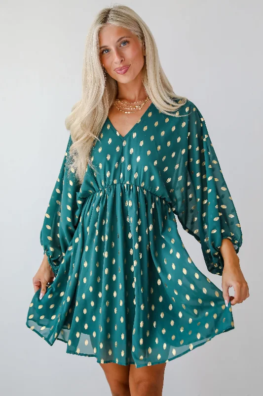 Gorgeous Favorite Hunter Green Dotted Babydoll Mini Dress