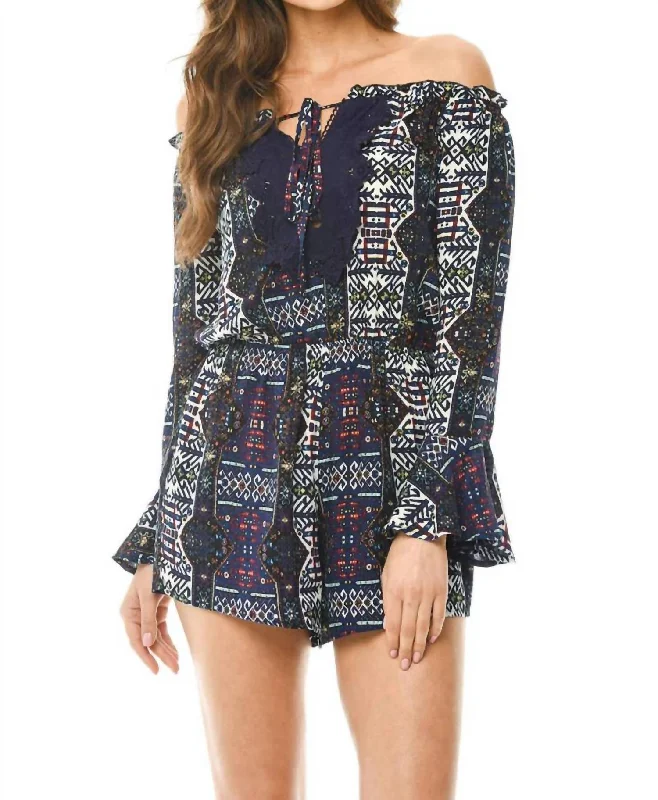 Off The Shoulder Romper In Navy Multi