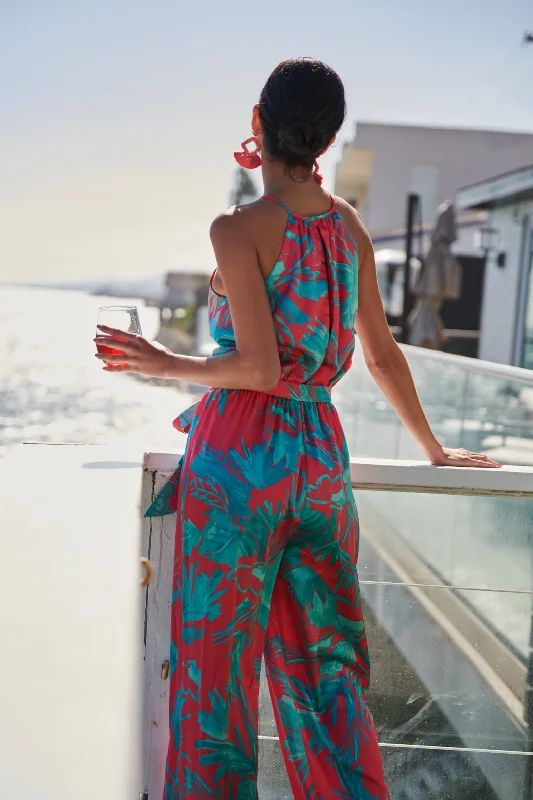 Palm Tropics Satin Lighthearted Trapeze Jumpsuit