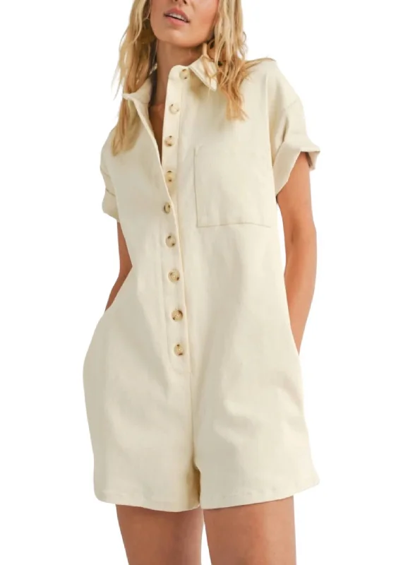 Stretch Denim Romper In Cream