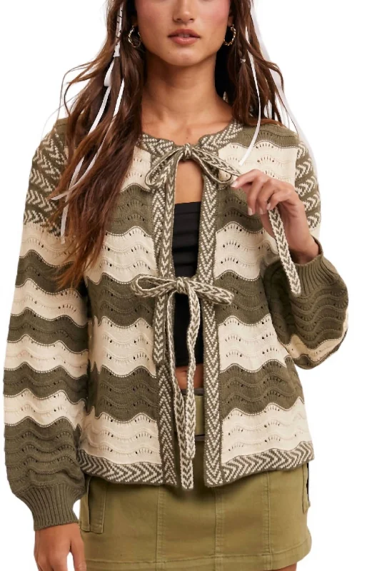 Stripe Pointelle Knit Bow Cardigan In Olive