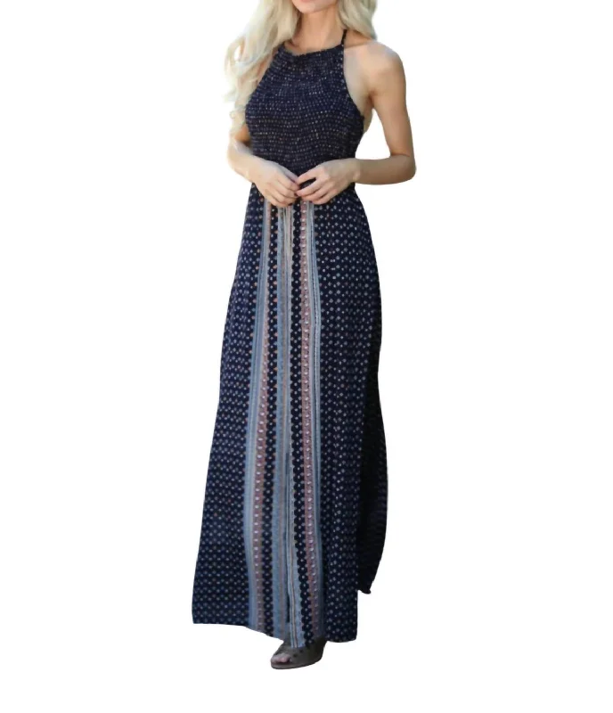 Twin Print Halter Maxi Romper In Navy