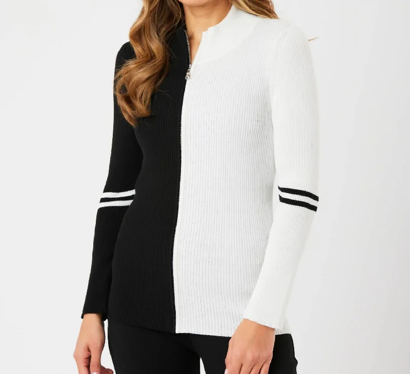 Two Tone Ribbed Zip Up Cardigan In Black/ivory