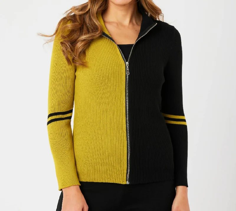 Two Tone Ribbed Zip Up Cardigan In Black/mustard