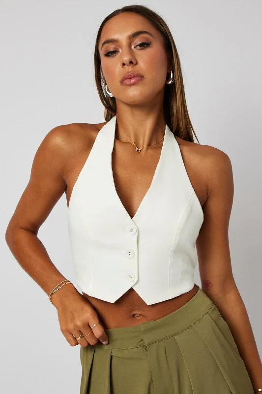 White Vest Top Halter Neck Button Top