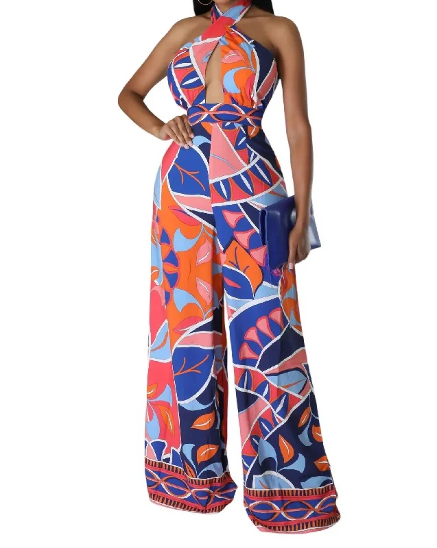 Wide Leg Halter Jumpsuit In Blue Multi