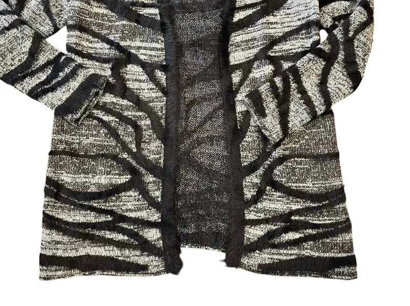 Women's Animal Print Faux Fur Knit Open Front Cardigan In Black