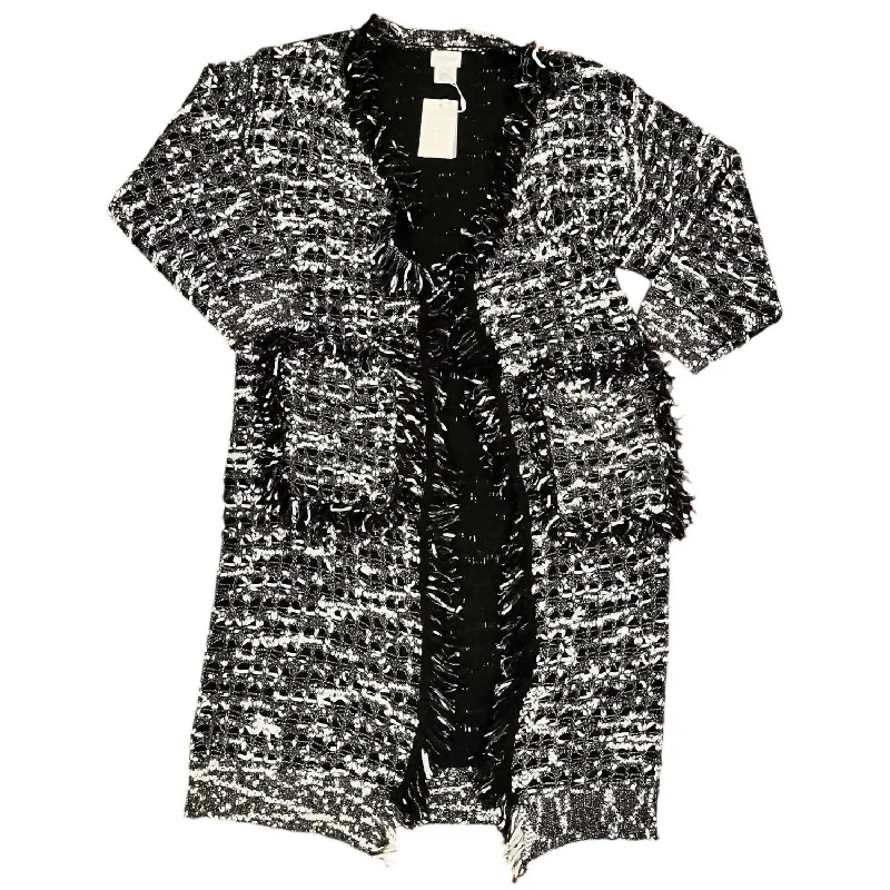 Women's Long Cardigan Fringe Knit Sweater In Black/white