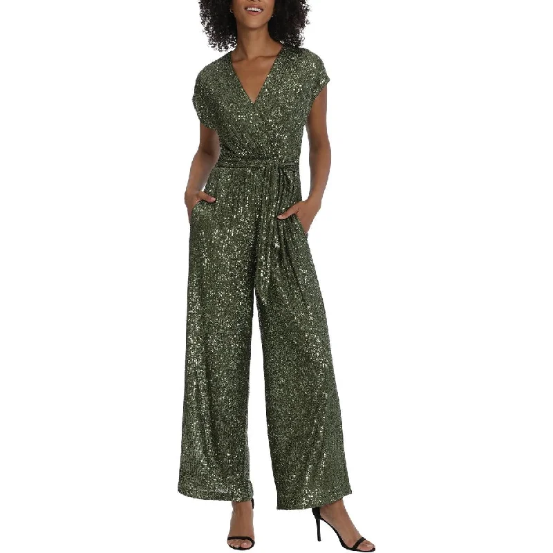 Womens Sequined Faux Wrap Jumpsuit